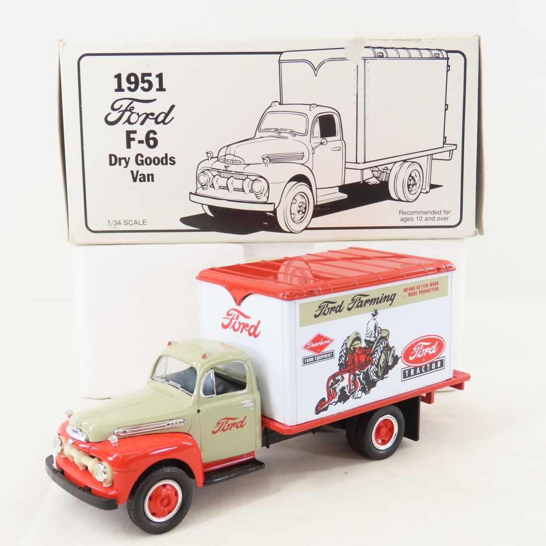 1st Gear 1:34 Dearborn 1951 Ford F-6 Dry Goods Van: 1st Gear 1:34 Dearborn 1951 Ford F-6 Dry Goods Van - Diecast Metal 19-1000 Dearborn Equipment, Ford Farming. Box has Campbell's Soup Label. LOT SIZE: 9x5x4" 2 LBS All information and photos, which are