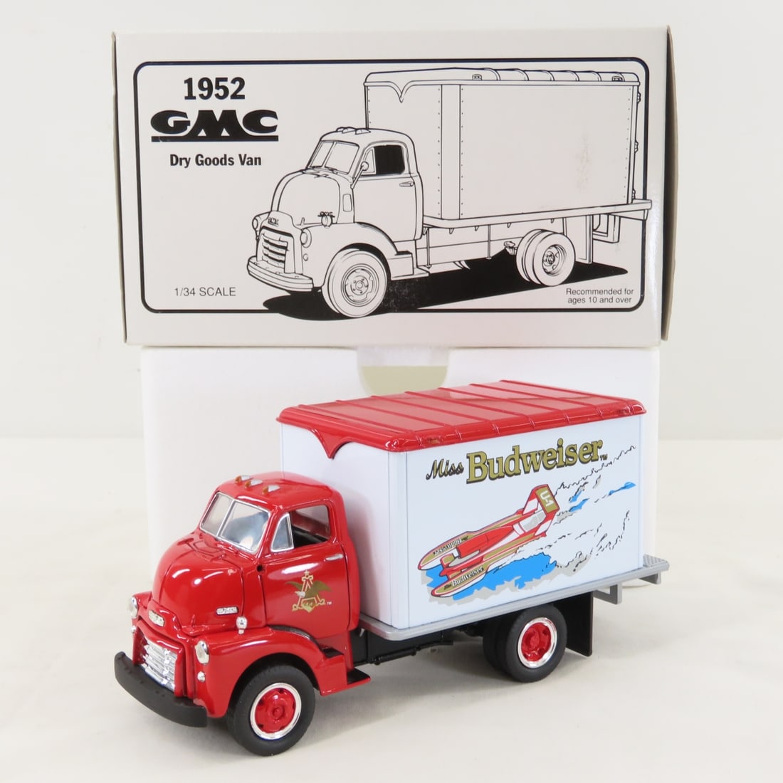 1st Gear 1:34 Budweiser GMC 1952 Dry Goods Van: 1st Gear 1:34 Budweiser GMC 1952 Dry Goods Van - Diecast Metal 10-1271 Miss Budweiser. LOT SIZE: 8x5x4" 2 LBS All information and photos, which are part of the description, are intended to be as accur
