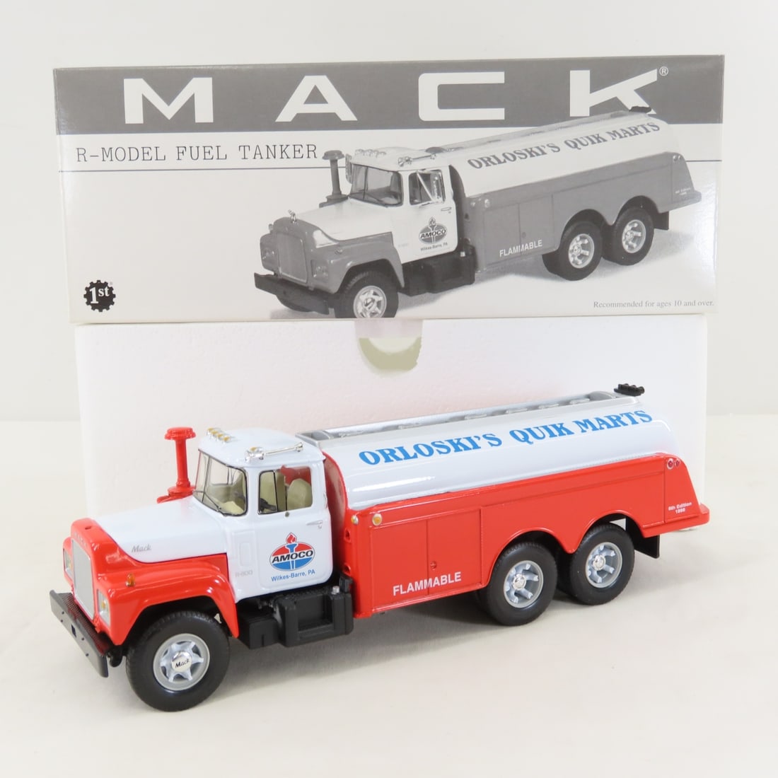 1st Gear 1:34 Amoco Mack R-Model Fuel Tanker: 1st Gear 1:34 Amoco Mack R-Model Fuel Tanker - Diecast Metal 29-2323 Orloski's Amoco. 1998 Collectors Series Bank LOT SIZE: 12x5x4" 2 LBS All information and photos, which are part of the