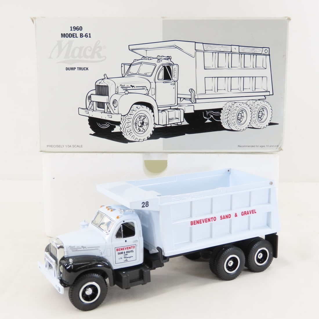 1st Gear Benevento 1960 Mack Model B61 Dump Truck: 1st Gear Benevento 1960 Mack Model B61 Dump Truck - 1:34 Diecast Metal 19-2001. LOT SIZE: 11x6x4" 2 LBS All information and photos, which are part of the description, are intended to be as accurate