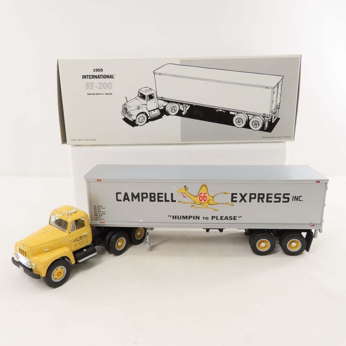 1st Gear Campbell 1959 INTL RF200 Tractor Trailer: 1st Gear Campbell 1959 INTL RF200 Tractor Trailer - 1:34 Diecast Metal 18-1923 Campbell 66 Express. LOT SIZE: 14x8x5" 1 LB All information and photos, which are part of the description, are intended
