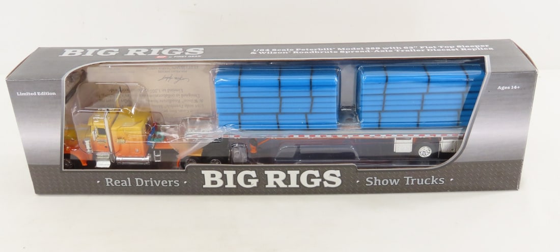 1st Gear 1:64 Kelsey Peterbilt 359 Sleeper/Trailer: 1st Gear 1:64 Kelsey Peterbilt 359 Sleeper/Trailer - Diecast Metal DCP Big Rigs 69-0700 Kelsey's Trucking Sunrise Express Flat Top Sleeper & Wilson Spread-Axle Trailer. LOT SIZE: 16x4x3" 1 LB All info