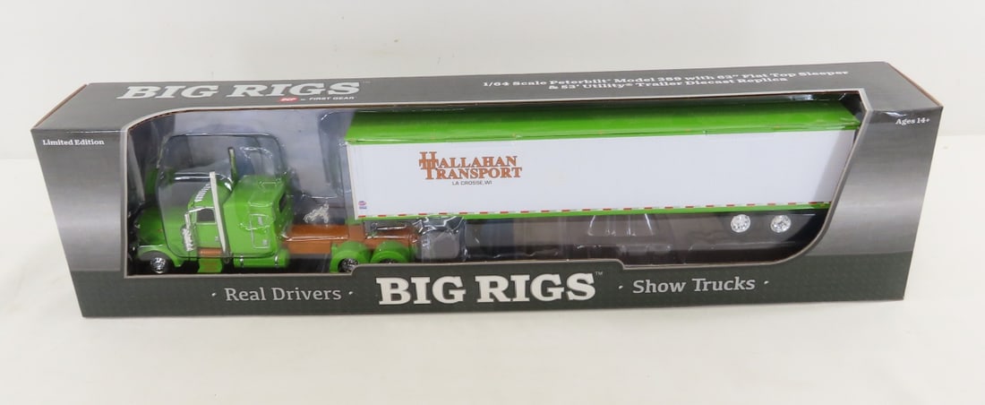1st Gear 1:64 Hallahan Peterbilt 389 Cab & Trailer: 1st Gear 1:64 Hallahan Peterbilt 389 Cab & Trailer - Diecast Metal DCP Big Rigs 69-1329 Hallahan Transport Flat Top Sleeper, Utility Trailer. LOT SIZE: 17x4x3" 1 LB All information and photos, which a