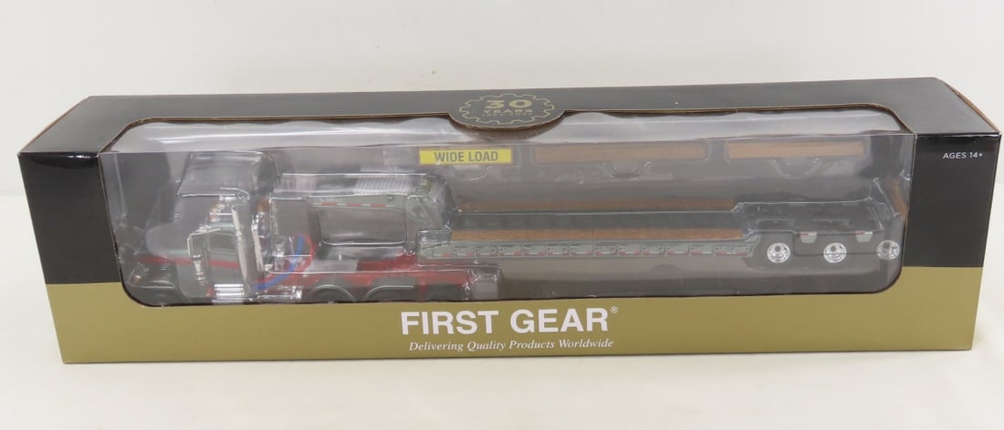 1st Gear 1:50 30th Anniv Peterbilt 367 w/Lowboy: 1st Gear 1:50 30th Anniv Peterbilt 367 w/Lowboy - Diecast Metal 68-1442 30th Anniversary Metallic Gun Metal Viper Red, Tri-Axle Day Cab & Talbert 55SA Tri-Axle Lowboy. serialized 182/300LOT SIZE: