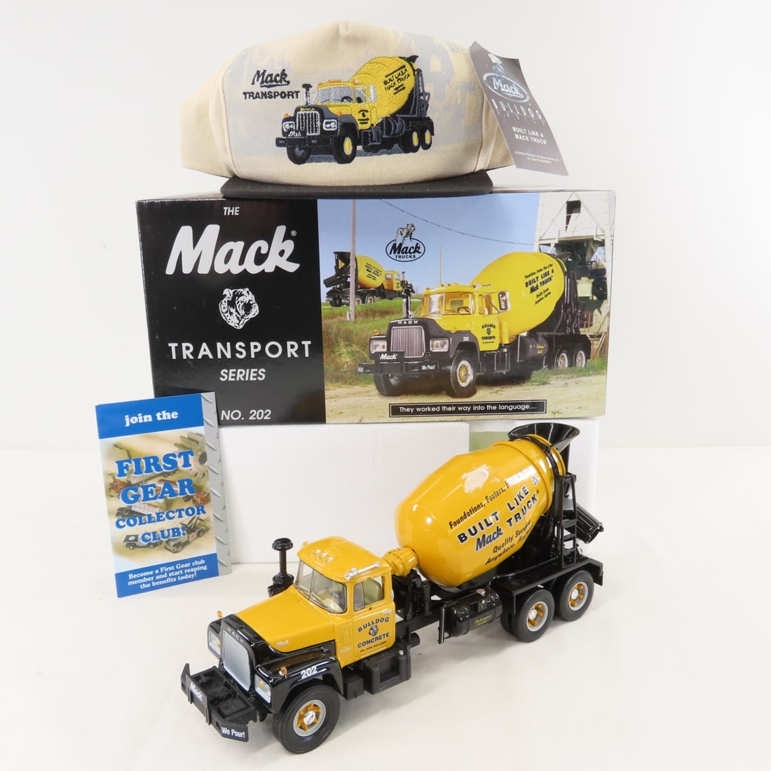 1st Gear 1:34 Mack R600 Mixer, Embroidered Hat: 1st Gear 1:34 Mack R600 Mixer, Embroidered Hat - Diecast Metal 19-2358. With original shipping box. LOT SIZE: 12x9x5" 2 LBS All information and photos, which are part of the description, are intended