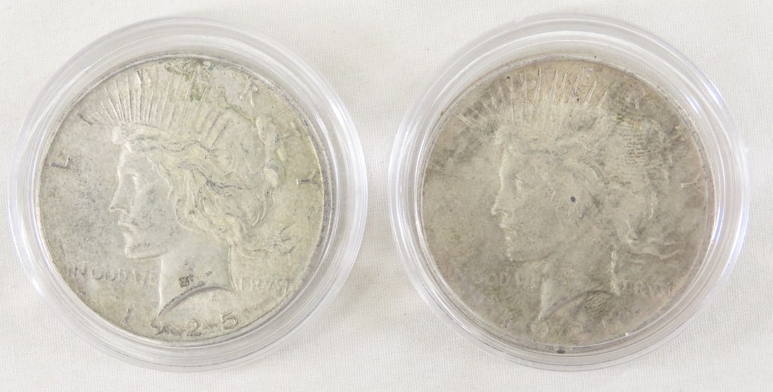 2 1925 Peace Silver Dollars: 2 1925 Peace Silver Dollars - LOT SIZE: 2x2x2" 1 LB All information and photos, which are part of the description, are intended to be as accurate as possible, but errors are possible. No item may be