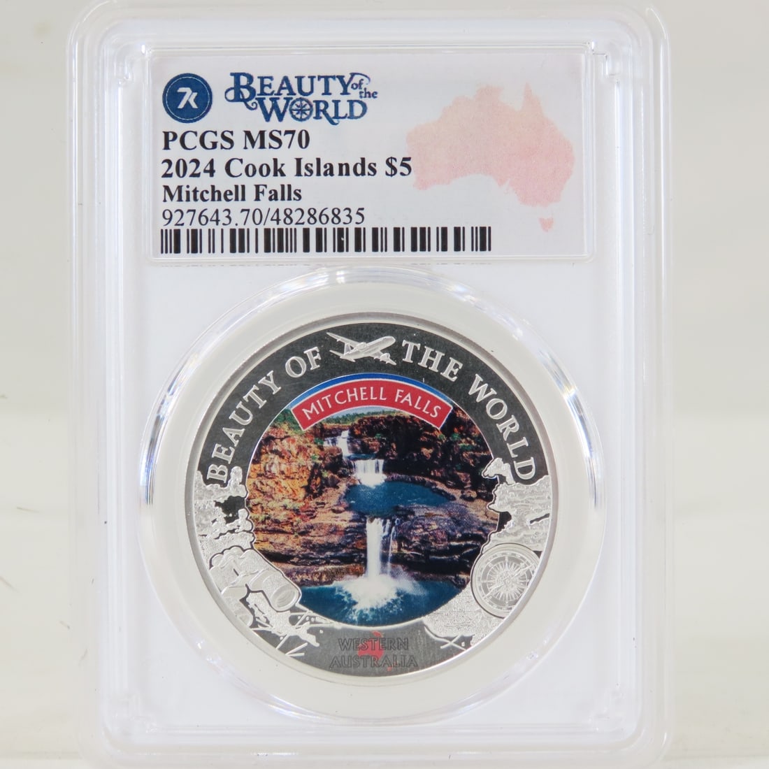 2024 Cook Islands $5 Beauty Of The World PCGS MS70: 2024 Cook Islands $5 Beauty Of The World PCGS MS70 - Mitchell Falls 1ozt .999 Silver. LOT SIZE: 4x3x1" 1 LB All information and photos, which are part of the description, are intended to be as accurat