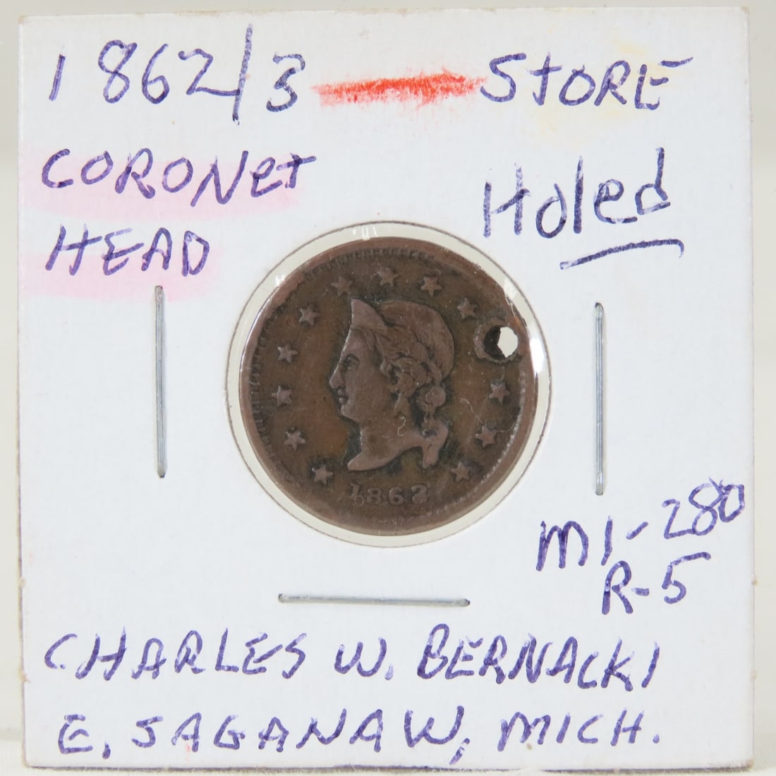 1862/3 Civil War Store Token Charles Brenacki: 1862/3 Civil War Store Token Charles Brenacki - Druggist, East Saginaw, Mich. Coronet Head-13 Stars Mi-280A F-Holed R-5 LOT SIZE: 2x2x1" 1 LB All information and photos, which are part of the