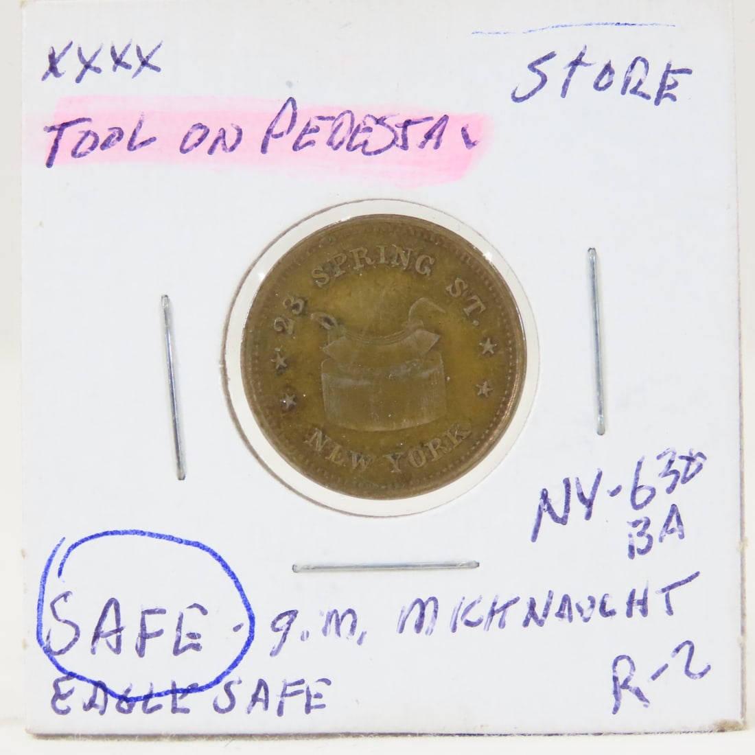 Civil War Store Token M. Mittnacht Eagle Safe: Civil War Store Token M. Mittnacht Eagle Safe - Tool On Pedestal- 23 Spring Street Ny-630Ba Xf R-3 LOT SIZE: 2x2x1" 1 LB All information and photos, which are part of the description, are intended to