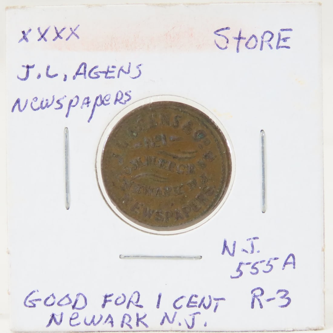 Civil War Store Token J.L. Agens & Co-Newspaper: Civil War Store Token J.L. Agens & Co-Newspaper - Newark, N.J. Good For 1 Cent Nj-555A Xf R-3 LOT SIZE: 2x2x1" 1 LB All information and photos, which are part of the description, are intended to be as
