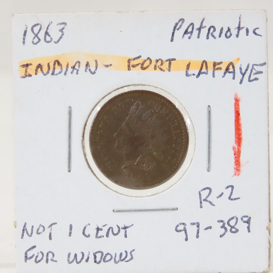 1863 Civil War Patriotic Token Indian Head: 1863 Civil War Patriotic Token Indian Head - Fort Lafayette On Headband Not One Cent For Widows 97-389 Xf R-2 LOT SIZE: 2x2x1" 1 LB All information and photos, which are part of the description, are