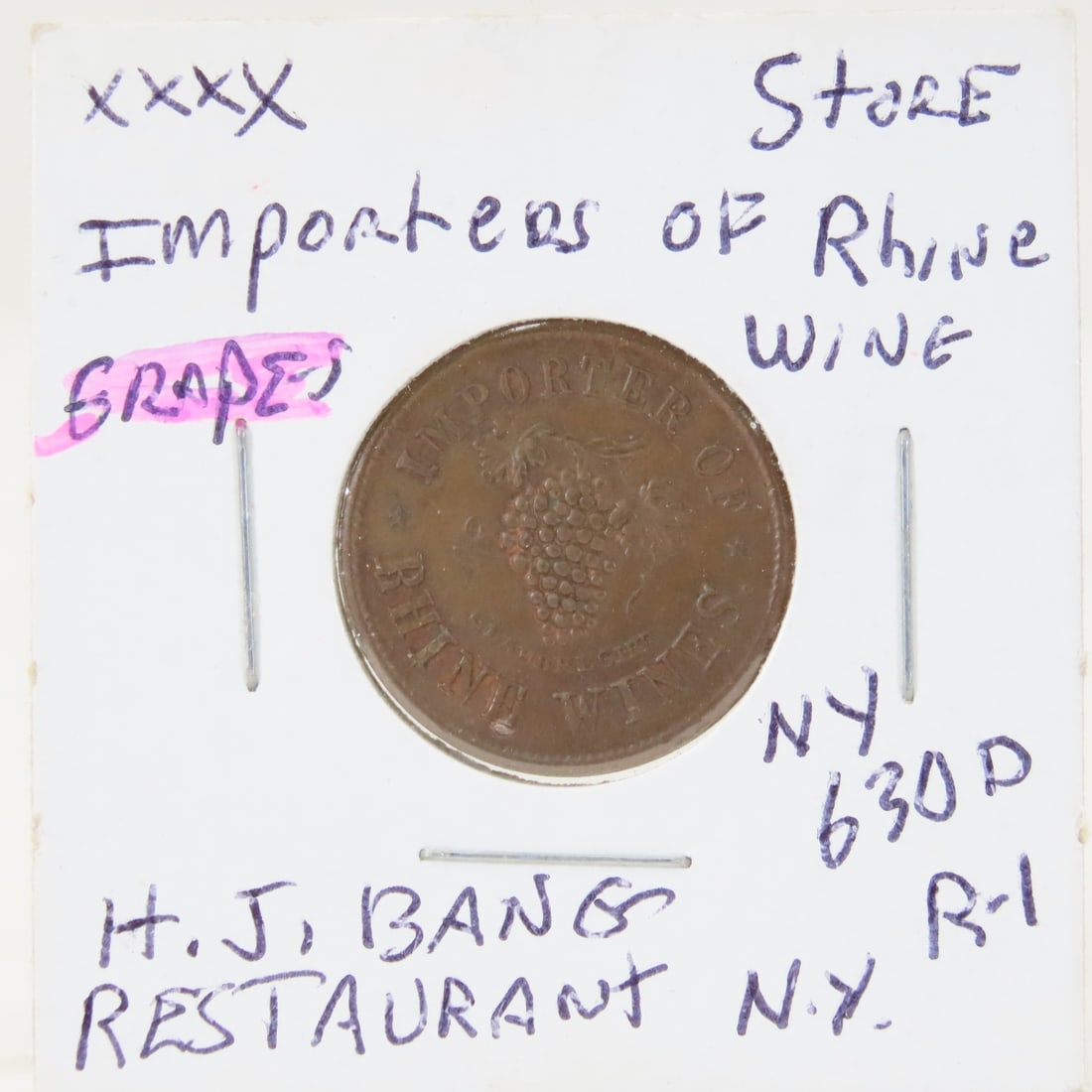 Civil War Store Token H.J. Bang Restaurant NY: Civil War Store Token H.J. Bang Restaurant NY - Grapes- Importer Of Rhine Wines Ny-630D Xf R-4 LOT SIZE: 2x2x1" 1 LB All information and photos, which are part of the description, are intended to be a