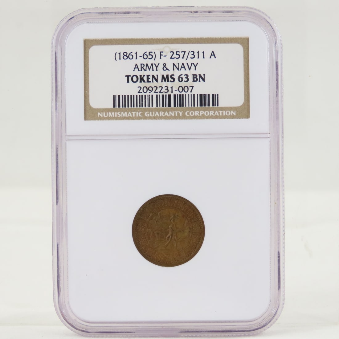 61-65 Patriotic Token Army & Navy NGC MS63 BN: 61-65 Patriotic Token Army & Navy NGC MS63 BN - Man On Dock- Iron Clad Army-Navy 257-311A NGC-63 BR LOT SIZE: 4x3x1" 1 LB All information and photos, which are part of the description, are intended