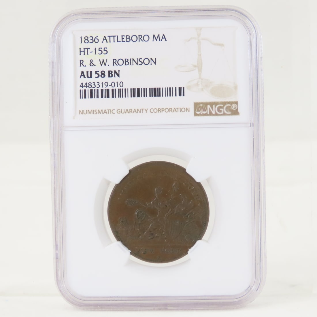 1836 Hardtimes R & W Robinson Attleboro Ma AU58 BN: 1836 Hardtimes R & W Robinson Attleboro Ma AU58 BN - Seated Goddess- American Institute Ht-155 NGC-AU58 R-1 LOT SIZE: 4x3x1" 1 LB All information and photos, which are part of the description, are int