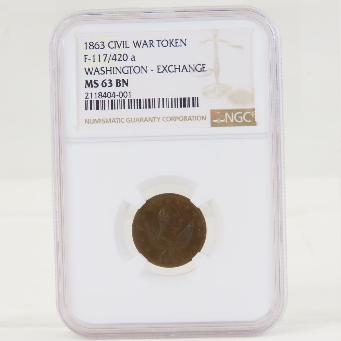 1863 Patriotic Civil War Token NGC MS63 BN: 1863 Patriotic Civil War Token NGC MS63 BN - Washington-Portrait Facing Right 117-420 NGC-63 BN R-1 LOT SIZE: 4x3x1" 1 LB All information and photos, which are part of the description, are intended