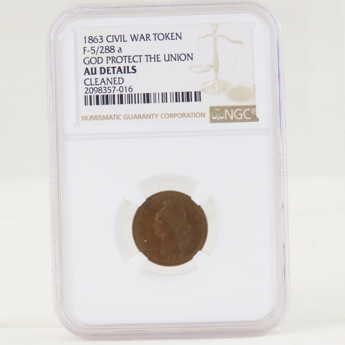 1863 Patriotic Civil War Token NGC AU Cleaned: 1863 Patriotic Civil War Token NGC AU Cleaned - French Liberty Head God Protect The Union F5-288A NGC-Aucl R-2 LOT SIZE: 4x3x1" 1 LB All information and photos, which are part of the description, are
