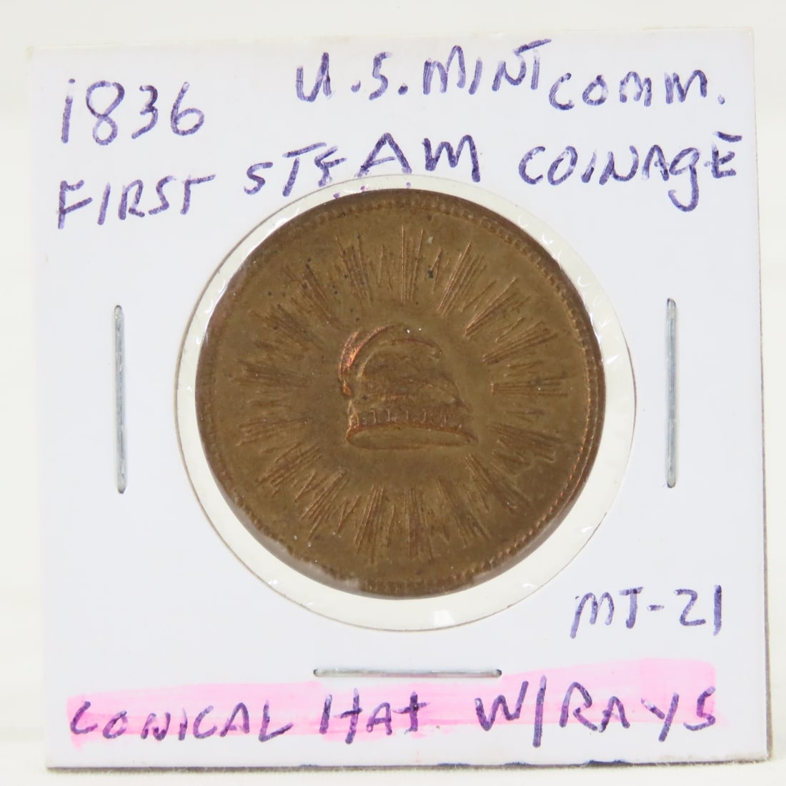 1836 Merchant Token First Steam Coinage: 1836 Merchant Token First Steam Coinage - Conical Hat-Liberty-Rays U.S. Mint 3/23/1836 LOT SIZE: 2x2x1" 1 LB All information and photos, which are part of the description, are intended to be as