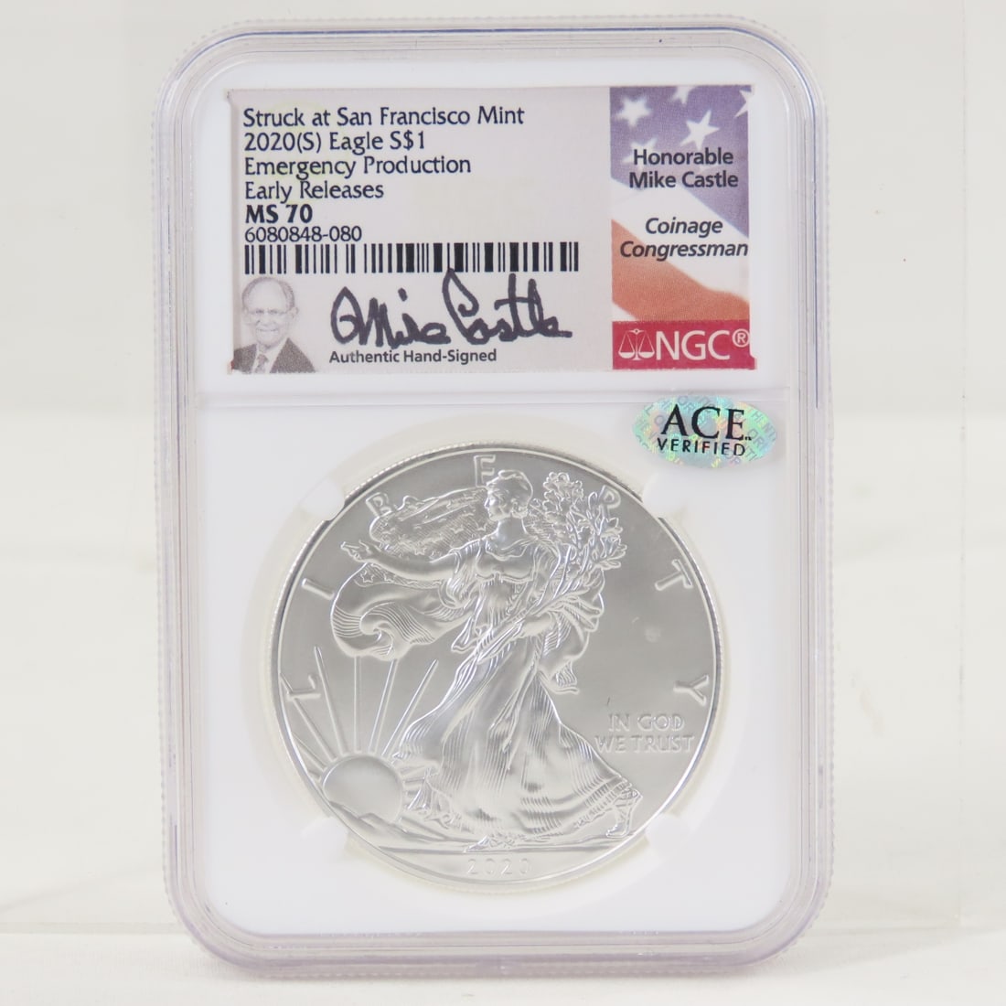 2020 S American Silver Eagle NGC MS70 Signed: 2020 S American Silver Eagle NGC MS70 Signed - Emergency Production Early Releases signed by Honorable Mike Castle Coinage Congressman. LOT SIZE: 4x3x1" 1 LB All information and photos, which are part