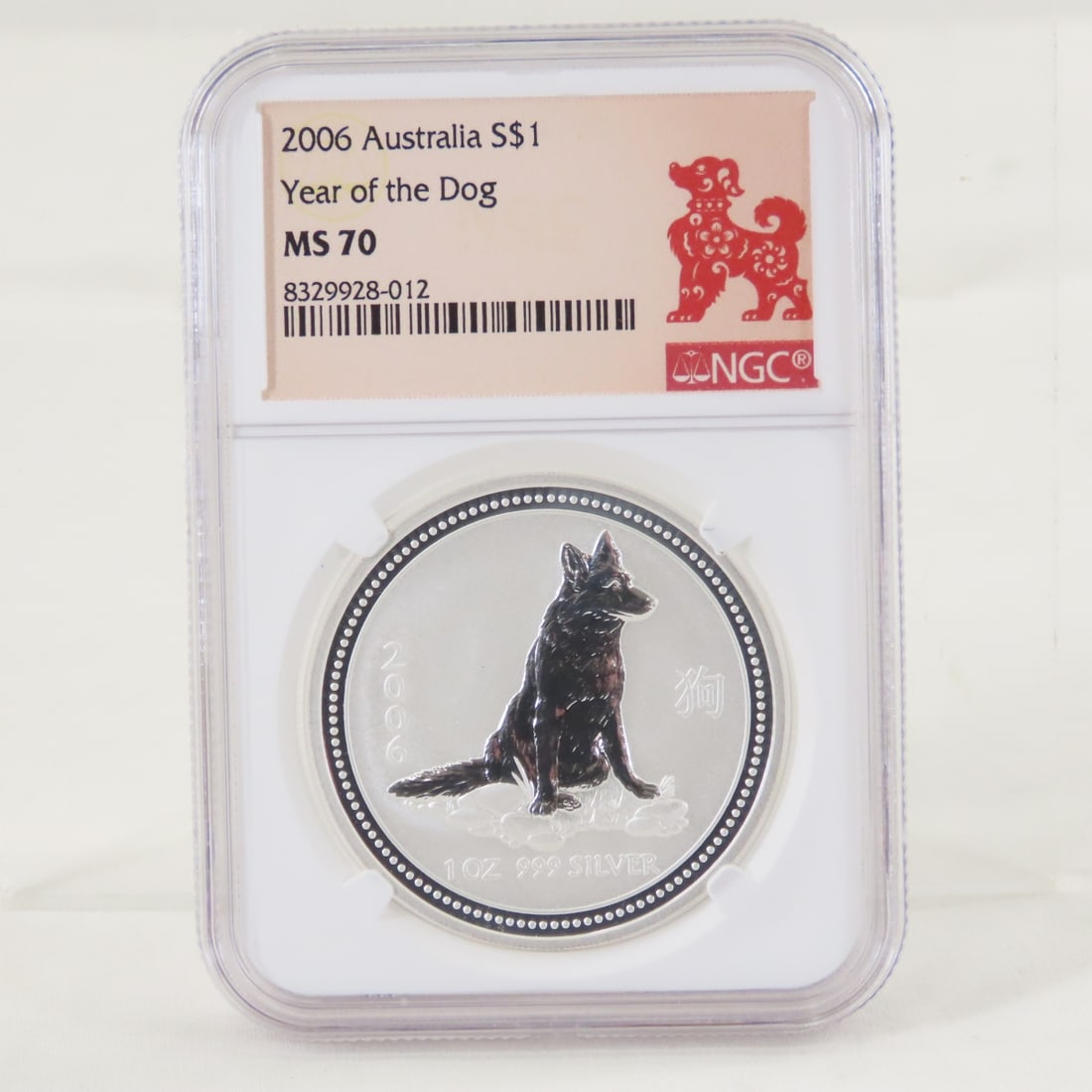 2006 Australia Year of the Dog S$1 NGC MS70: 2006 Australia Year of the Dog S$1 NGC MS70 - LOT SIZE: 4x3x1" 1 LB All information and photos, which are part of the description, are intended to be as accurate as possible, but errors are possible.