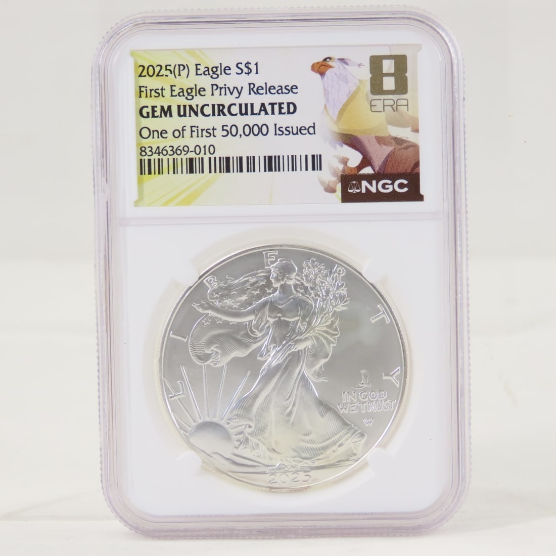 2025 P American Silver Eagle NGC Gem Uncirculated: 2025 P American Silver Eagle NGC Gem Uncirculated - First Eagle Privy Release, One of First 50,000 Issued LOT SIZE: 4x3x1" 1 LB All information and photos, which are part of the description, are