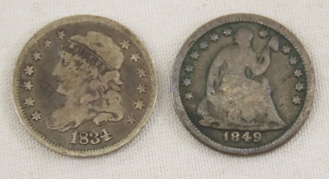 1834 Capped Bust & 1849 Seated Liberty Half Dimes: 1834 Capped Bust & 1849 Seated Liberty Half Dimes - LOT SIZE: 2x2x1" 1 LB All information and photos, which are part of the description, are intended to be as accurate as possible, but errors are