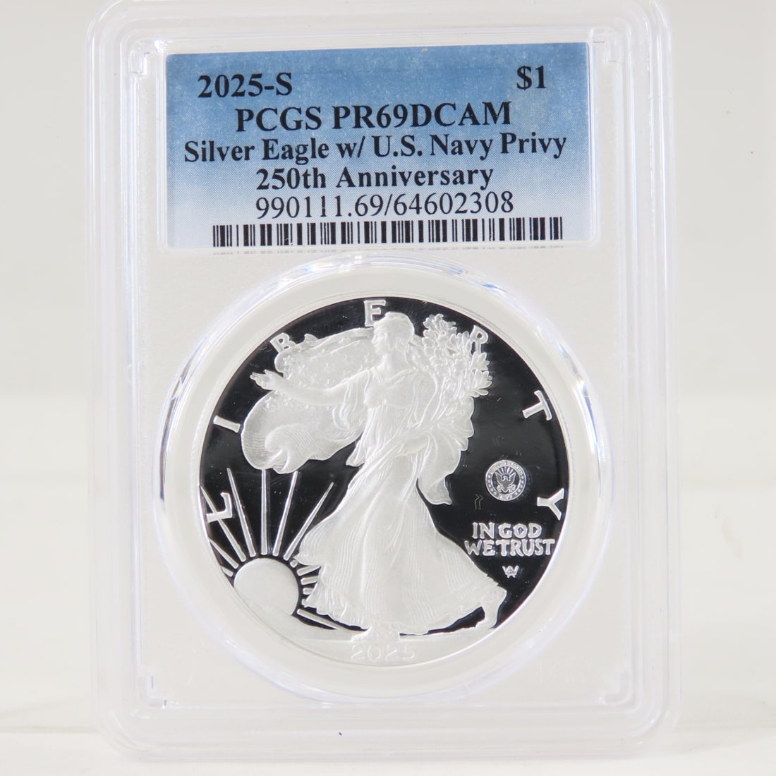 2025 P American Silver Eagle PCGS PR69 DCAM Navy: 2025 P American Silver Eagle PCGS PR69 DCAM Navy - 250th Anniversary Silver Eagle with U.S. Navy Privy. LOT SIZE: 4x3x1" 1 LB All information and photos, which are part of the description, are