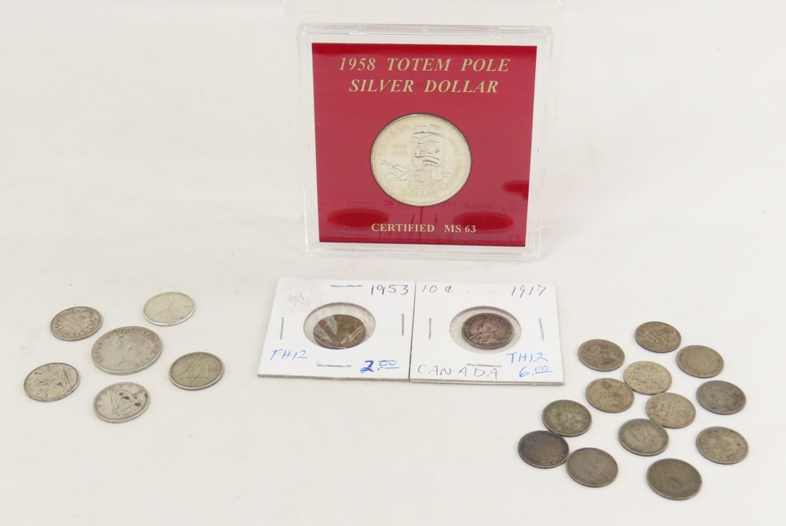 Canadian Silver Coins, 1958 Totem Pole Silver $1: Canadian Silver Coins, 1958 Totem Pole Silver $1 - in plastic case, circulated pre 1966 silver coins. 1952 quarter, 7 Silver Dimes, 13 Silver 5 cent.. LOT SIZE: 7x3x1" 1 LB All information and