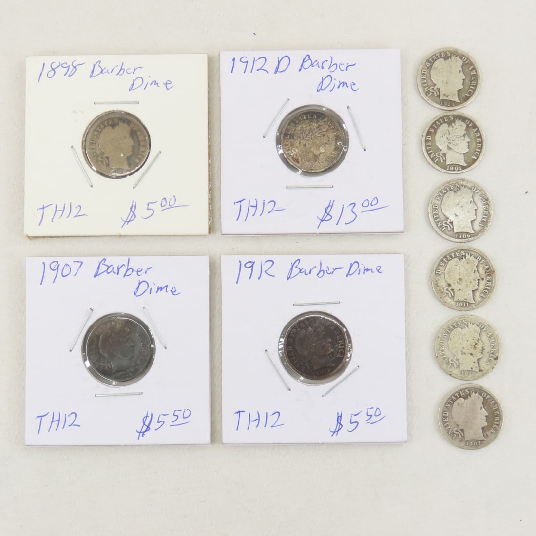 10 Silver Barber Dimes 1898 - 1914: 10 Silver Barber Dimes 1898 - 1914 - LOT SIZE: 2x2x1" 1 LB All information and photos, which are part of the description, are intended to be as accurate as possible, but errors are possible. No item