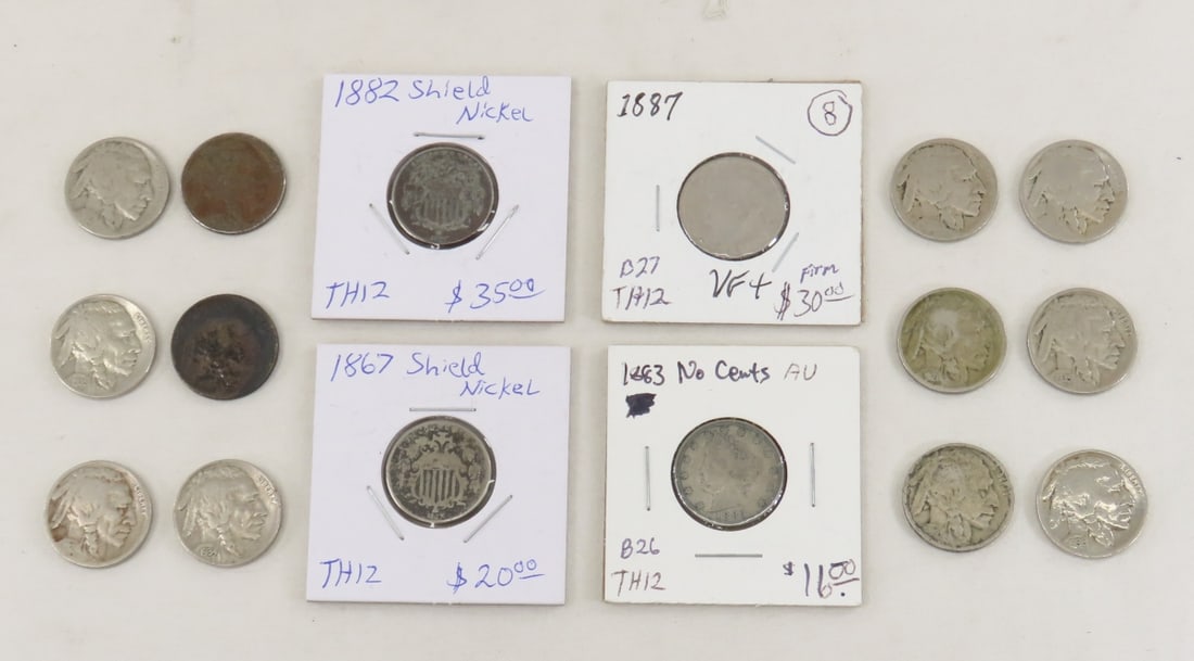 1867 & 1882 Shield Nickels, 1883 & 1887 Liberty V: 1867 & 1882 Shield Nickels, 1883 & 1887 Liberty V - And 12 Buffalo Nickels. LOT SIZE: 2x2x1" 1 LB All information and photos, which are part of the description, are intended to be as accurate as