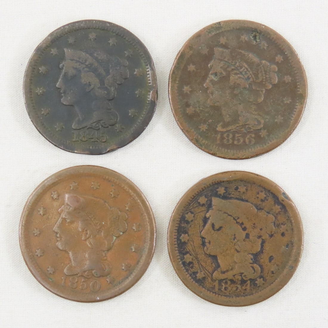 4 Braided Hair Large Cents: 1845, 1850, 1853, 1856: 4 Braided Hair Large Cents: 1845, 1850, 1853, 1856 - LOT SIZE: 2x2x1" 1 LB All information and photos, which are part of the description, are intended to be as accurate as possible, but errors are