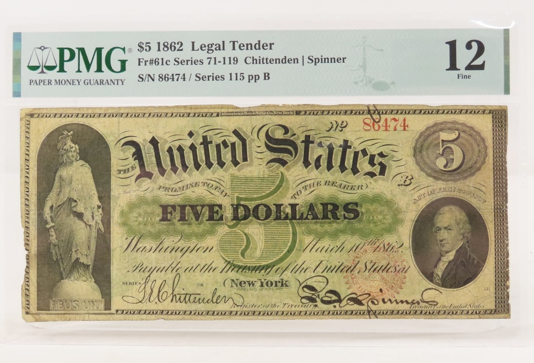 1862 $5 Legal Tender Large Note PMG 12 Fine: 1862 $5 Legal Tender Large Note PMG 12 Fine - LOT SIZE: 8x5x1" 1 LB All information and photos, which are part of the description, are intended to be as accurate as possible, but errors are possible.