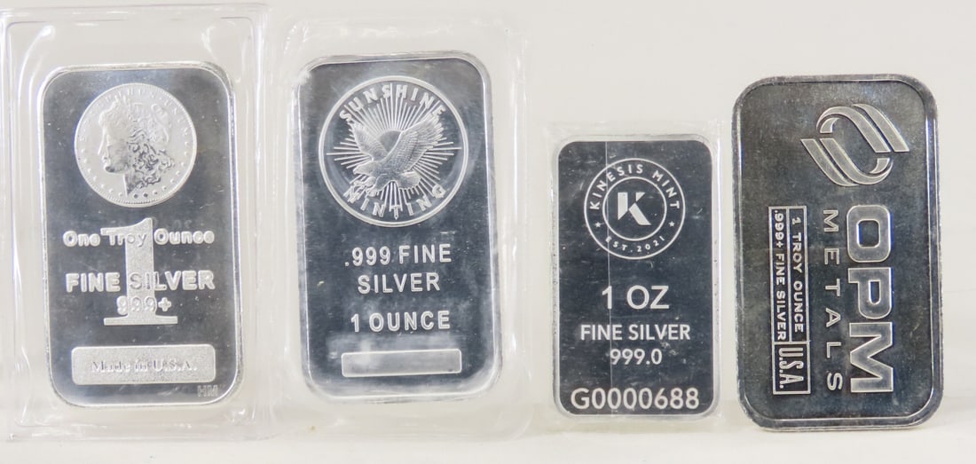 4 1ozt .999 Silver Bars: 4 1ozt .999 Silver Bars - LOT SIZE: 3x2x1" 1 LB All information and photos, which are part of the description, are intended to be as accurate as possible, but errors are possible. No item may be