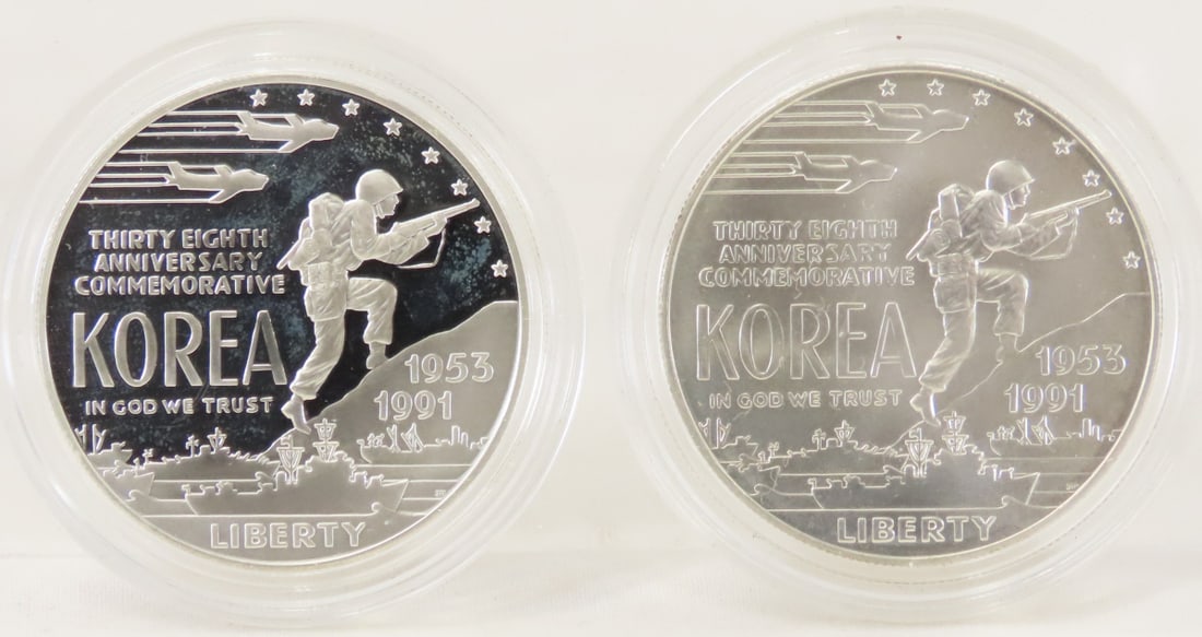 1991 P & D Proof & Unc Korean War Silver Dollars: 1991 P & D Proof & Unc Korean War Silver Dollars - Thirty Eighth Anniversary Commemorative. LOT SIZE: 2x2x1" 1 LB All information and photos, which are part of the description, are intended to be as a