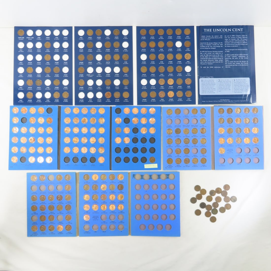 Lincoln Wheat & Memorial Cents in books 1909+: Lincoln Wheat & Memorial Cents in books 1909+ - Some semi key dates in the early book. plus 21 loose Indian Head Cents. LOT SIZE: 10x7x2" 3 LBS All information and photos, which are part of the