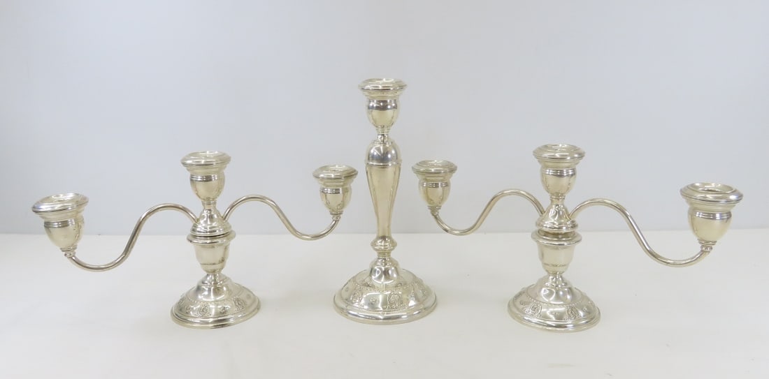 Wallace Rose Point Weighted Sterling Candlesticks: Wallace Rose Point Weighted Sterling Candlesticks - Total weight of the set is 2242g - 72.1 ozt. width of the candelabra is approx 12.5" Tallest candlestick is 9.5" good condition, no dents or dings.