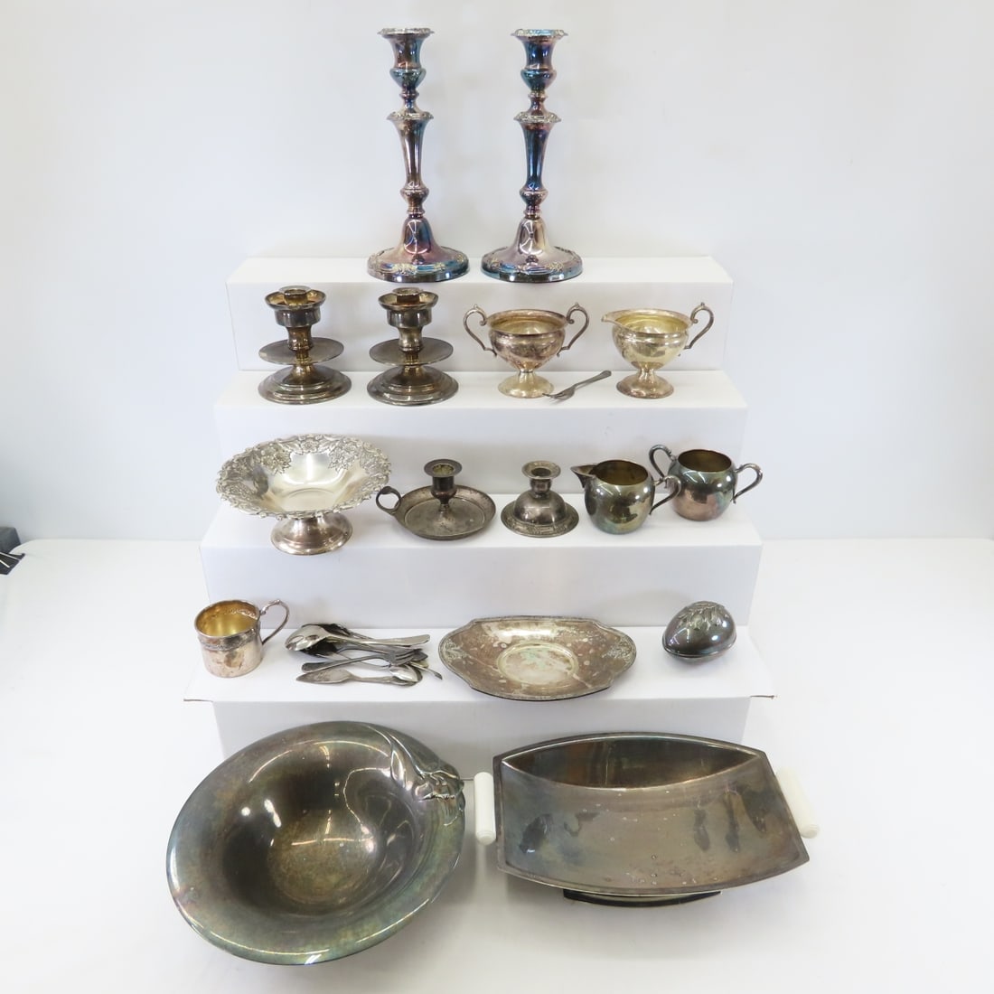 Wallace, Gorham & other antique silverplate pieces: Wallace, Gorham & other antique silverplate pieces - Provenance note for the 10 1/4"1860 candlesticks, LOT SIZE: 16x16x16"13 LBS All information and photos, which are part of the description, are