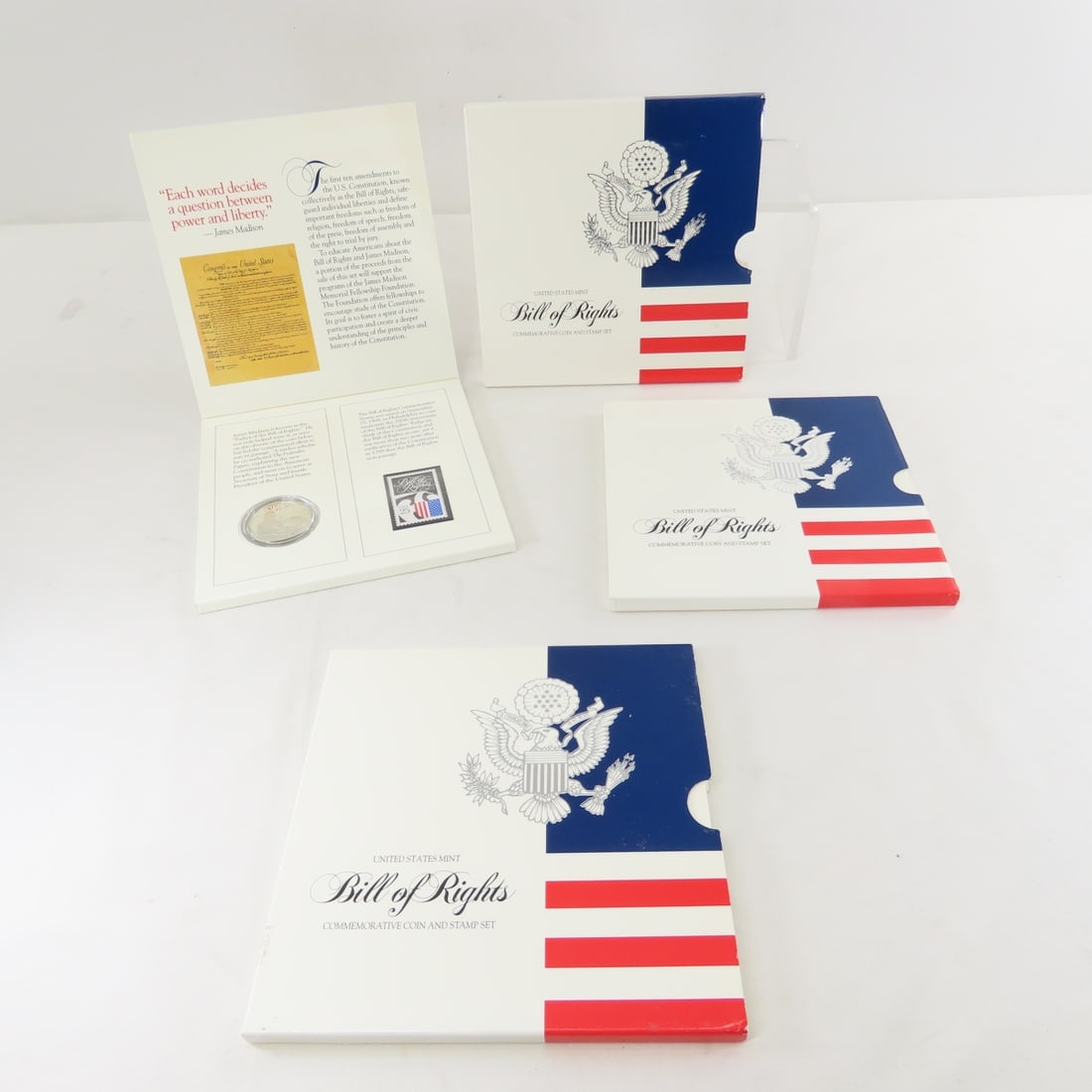 1993 Bill of Rights Commemorative Coin & Stamp Set: 1993 Bill of Rights Commemorative Coin & Stamp Set - Each comes with box and paperwork. Each Includes 90% Silver Half Dollar UNC. LOT SIZE: 6x6x2" 1 LB All information and photos, which are part of th