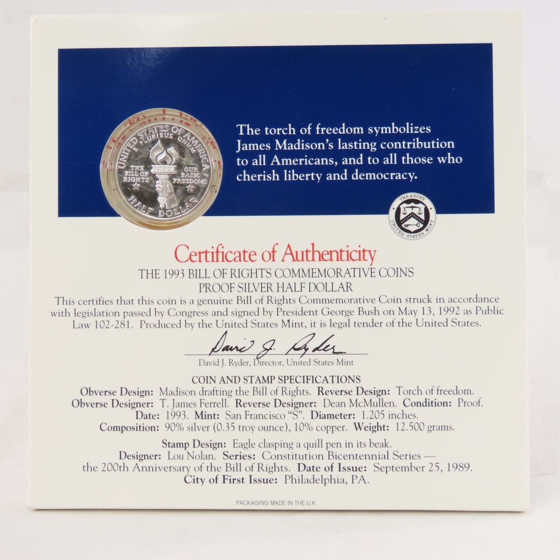 1993 Bill of Rights Commemorative Coin & Stamp Set - 8