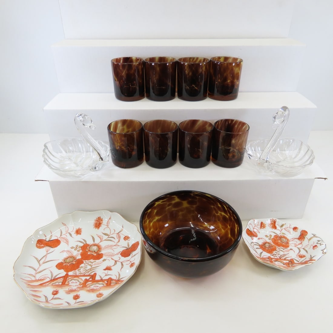 Amber Tortoise Shell Bowl & 8 Cups, Tiffin Swans (1 of 11)
