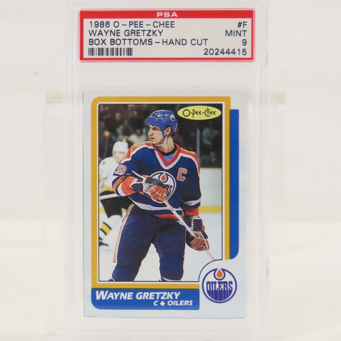 1986 OPC Wayne Gretzky Box Bottoms #F PSA 9 MINT: 1986 OPC Wayne Gretzky Box Bottoms #F PSA 9 MINT - Lot Size 5.5x3.5x.5" 1 LB All information and photos, which are part of the description, are intended to be as accurate as possible, but errors are