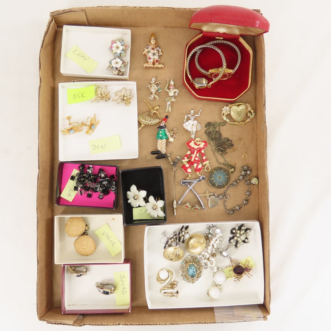 Coro, Jomaz, BSK, Leru & Other Vintage Jewelry: Coro, Jomaz, BSK, Leru & Other Vintage Jewelry - B&N, Vogue, Laguna, SAC. Several clown and figural pins- 1 articulated clown, 2 vintage Timex watches. 1 pair of Coro earrings is missing center ball. 
