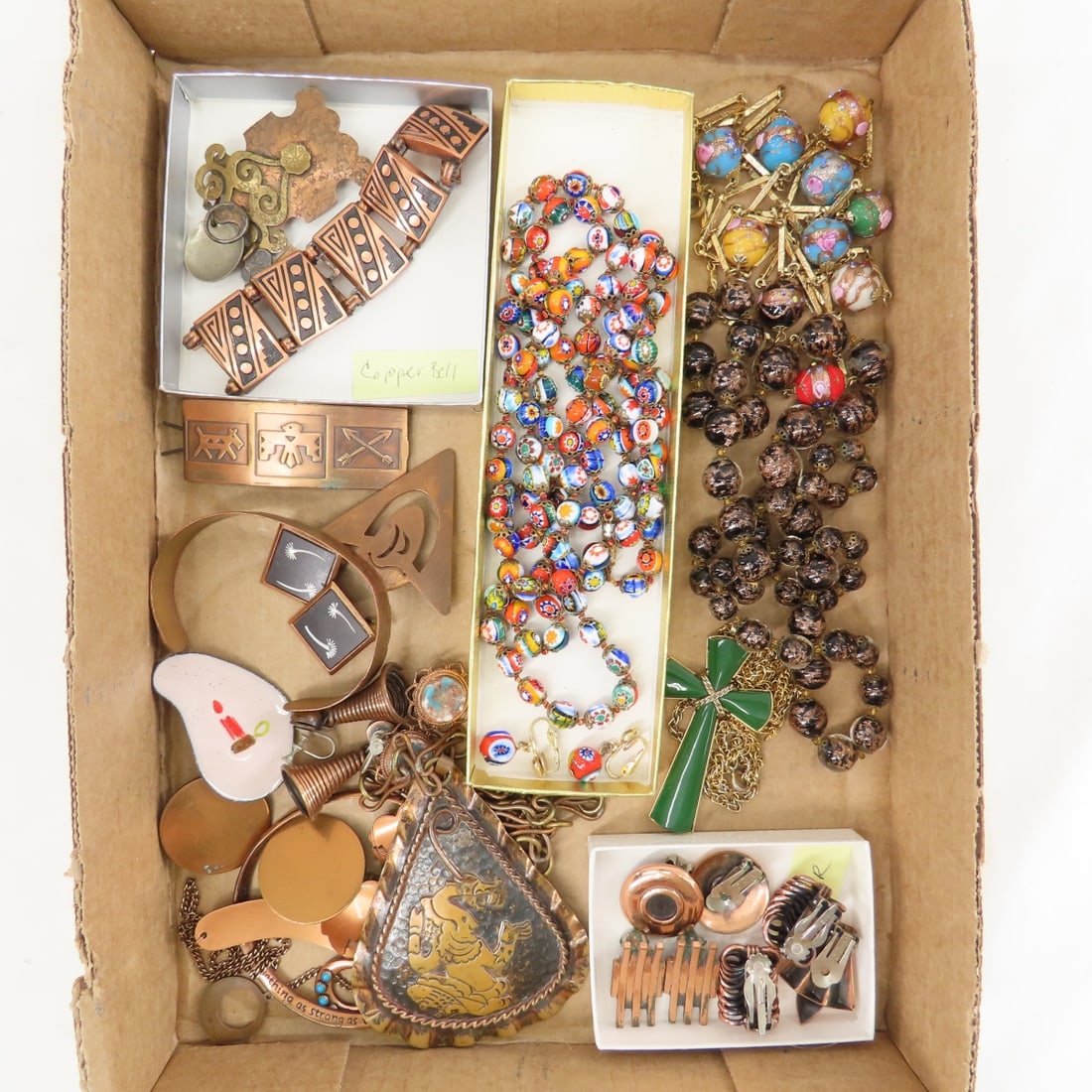 Vintage Copper and Glass Jewelry: some signed: Vintage Copper and Glass Jewelry: some signed - copper bell signed bracelet, 3 pairs & 1 single Renoir clip earrings, 1 Mexico Cobre necklace, 1 Baer SF earring, multi color glass bead necklace and ea