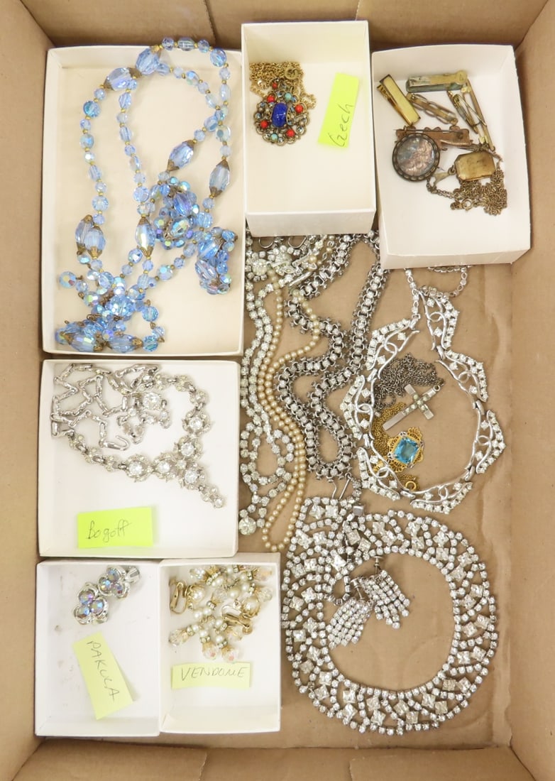 Bogoff, Vendome, Pakula & Antique Jewelry: Bogoff, Vendome, Pakula & Antique Jewelry - blue glass bead necklace with earrings, Czech necklace, rhinestone necklaces, antique brooches. LOT SIZE: 8x8x8" 1 LB All information and photos, which are