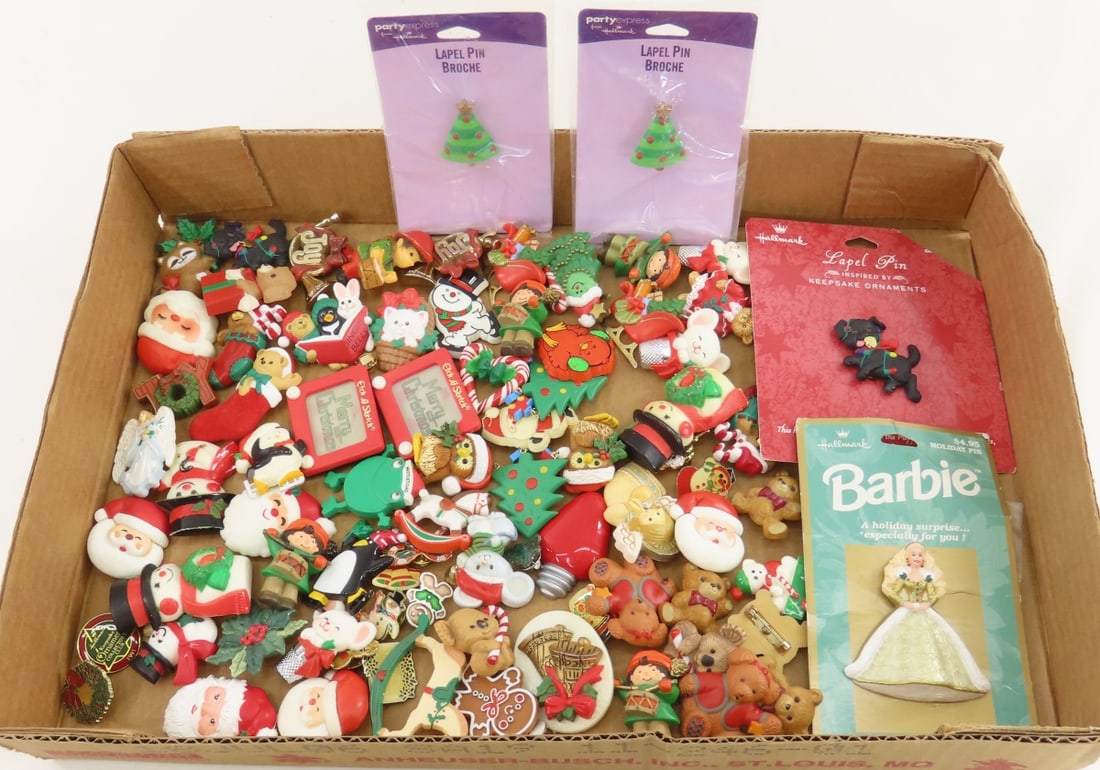 75+ Hallmark Christmas Pins: 75+ Hallmark Christmas Pins - some metal lapel pins, most are plastic, 2 lenticular etch-a-sketch, and a Mistletoad. LOT SIZE: 7x7x7" 2 LBS All information and photos, which are part of the