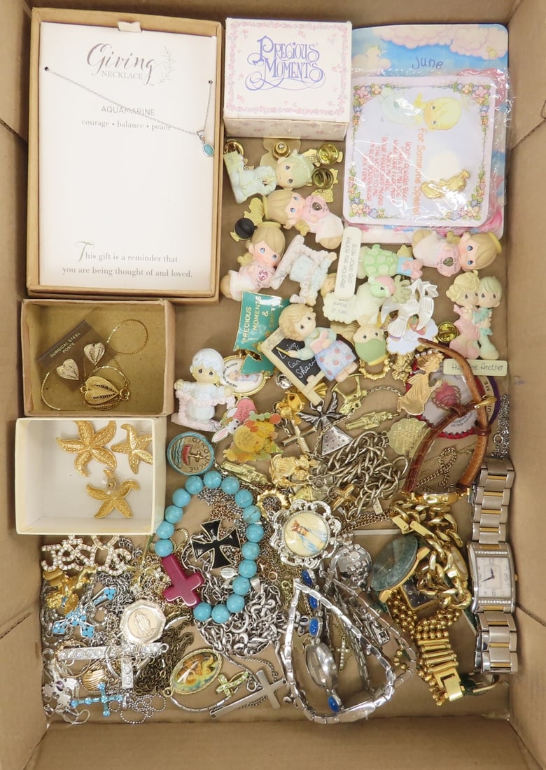 Precious Moments, Religious Jewelry & Watches: Precious Moments, Religious Jewelry & Watches - 2 pendant and earring sets, 1 boxed necklace, Fossil and faux Coach watches- all need batteries. LOT SIZE: 9x7x5" 2.5 LBS All information and photos,