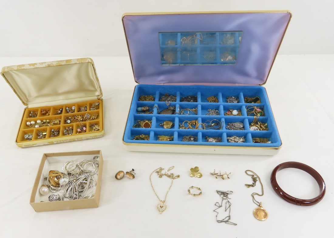 Vintage Earrings, Necklaces & Bakelite Bracelet: Vintage Earrings, Necklaces & Bakelite Bracelet - 2 vintage jewelry boxes, pierced earrings are all paired, some GF necklaces. LOT SIZE: 11x10x6" 3 LBS All information and photos, which are part of