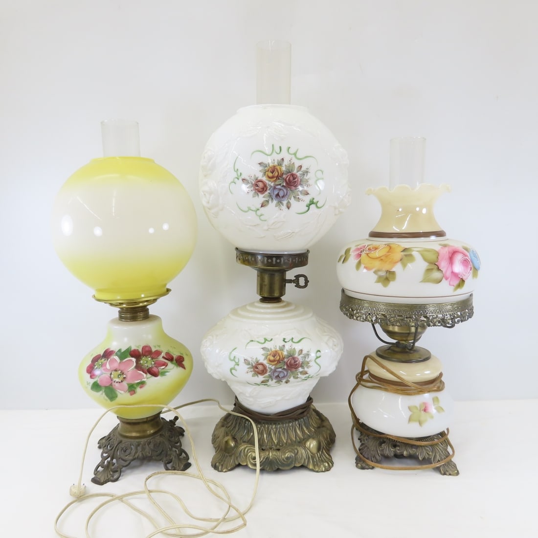 3 Vintage Hurricane Table-Top Parlor Lamps: 3 Vintage Hurricane Table-Top Parlor Lamps - "Gone with the Wind" Style, Electrified Lamps. All Tested & Working. 23", 19", 18". LOT SIZE: 24x24x24" 18 LBS All information and photos, which are part o