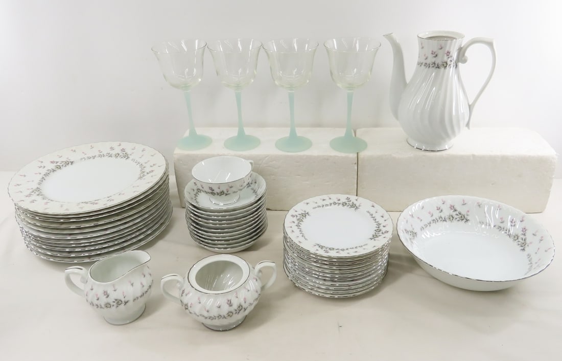 Picardy Style House Dinnerware Set & Wine Glasses: Picardy Style House Dinnerware Set & Wine Glasses - (11) 10" Dinner Plates, (11) 6" Side Plates, (11) 5.5" Fruit Bowls, Coffee Pot (no lid), Sugar Bowl (no lid), Creamer, Tea Cup, (4) Frosted Stem Wat