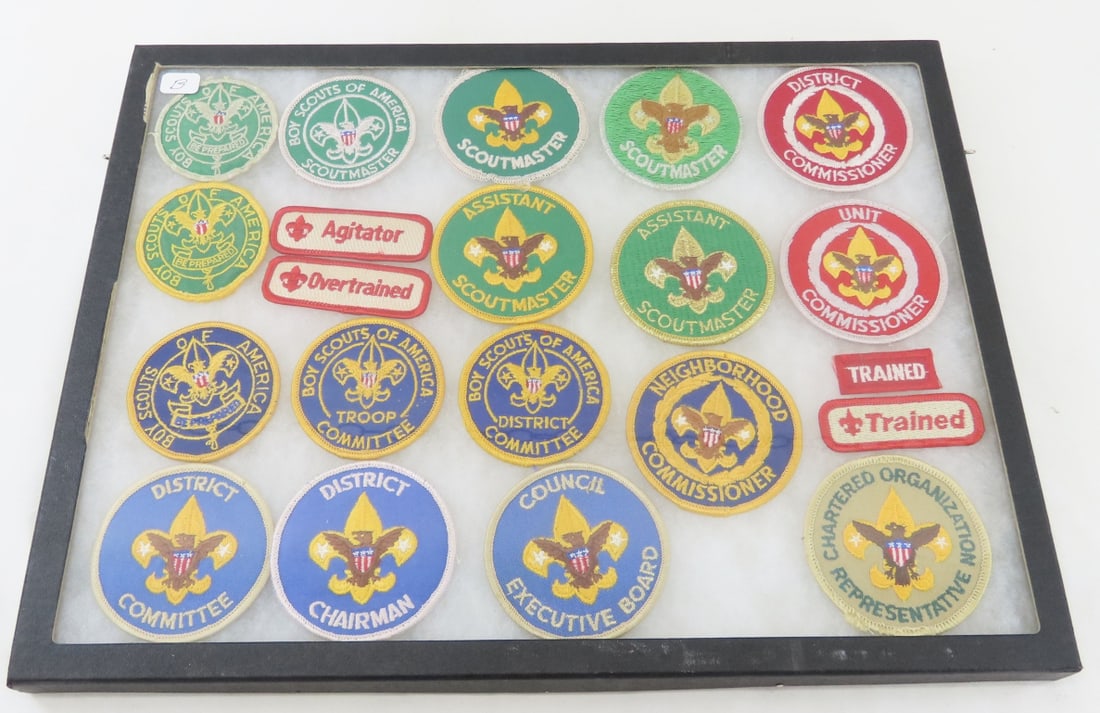 Vintage Boy Scouts Position Patches: Chairman: Vintage Boy Scouts Position Patches: Chairman - Mostly 1970s, Committee, Chairman, Executive Board, Organization Representative, Scoutmaster, Commissioner in Riker Box. LOT SIZE: 16x12x1" 2 LBS All