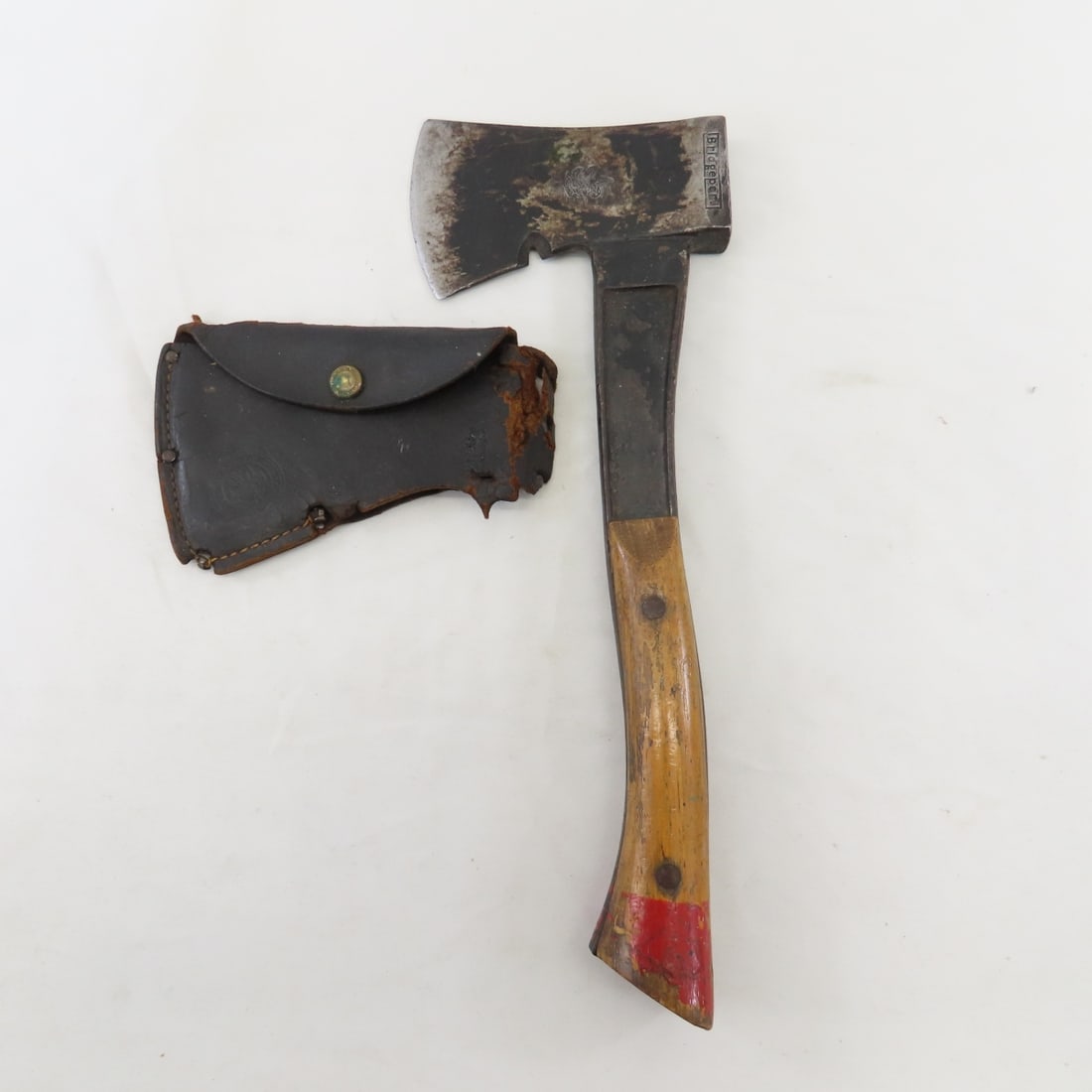 Vintage Boy Scouts Bridgeport Hatchet & Sheath: Vintage Boy Scouts Bridgeport Hatchet & Sheath - Made in USA, Original Leather Sheath is Damaged. OAL: 13.25". LOT SIZE: 14x6x3" 2 LBS All information and photos, which are part of the description,